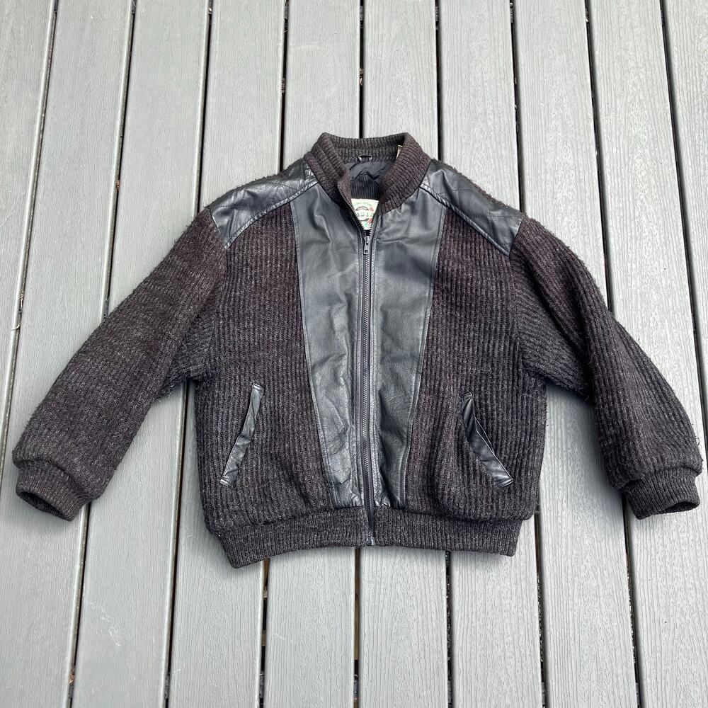 Vintage 90s black ribbed knit and leather trim men's bomber jacket, streetwear